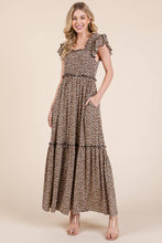 Load image into Gallery viewer, Leopard Print Ruffle Sleeve Tiered Maxi Dress