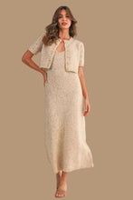 Load image into Gallery viewer, Woman wearing a beige dress with a matching jacket on a beige background