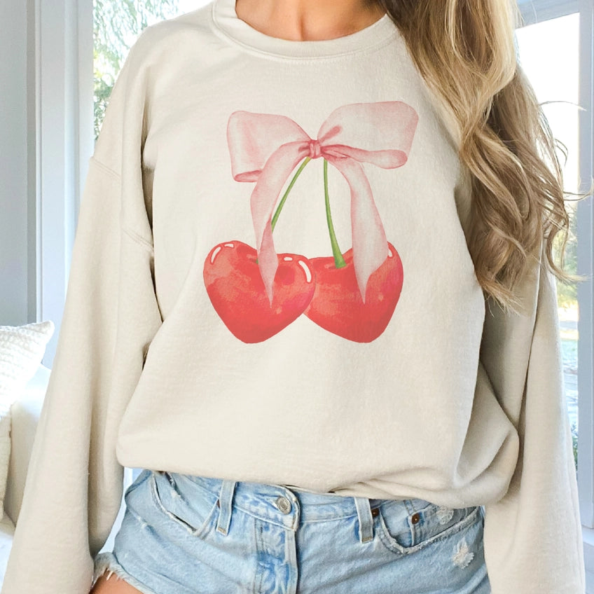 Coquette Pink Bow and Cheeries Sweatshirt