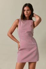 Load image into Gallery viewer, SLEEVELESS HIGH NECK STRIPED MINI DRESS: RED-WHITE STRIPE / XS
