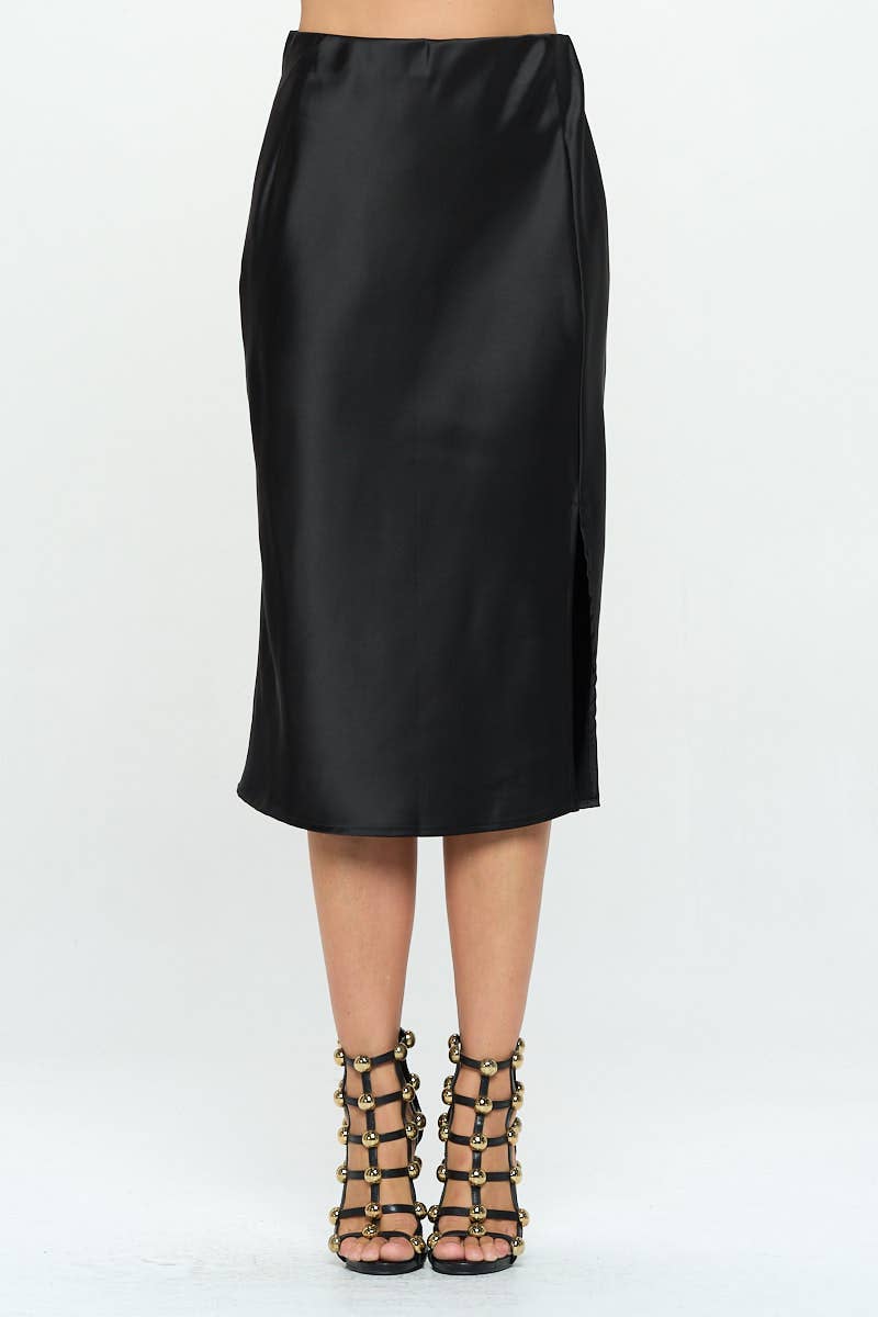 Black Satin Midi Skirt with Slit