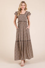 Load image into Gallery viewer, Leopard Print Ruffle Sleeve Tiered Maxi Dress
