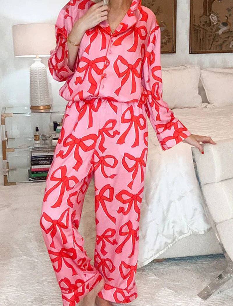 Bow Print Button-Up Pajama Set