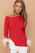 Load image into Gallery viewer, Ribbed Feather Cuff Off Shoulder Sweater Top
