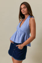 Load image into Gallery viewer, HALTER NECK FLARE TOP: WHITE-BLUE GINGHAM / XS

