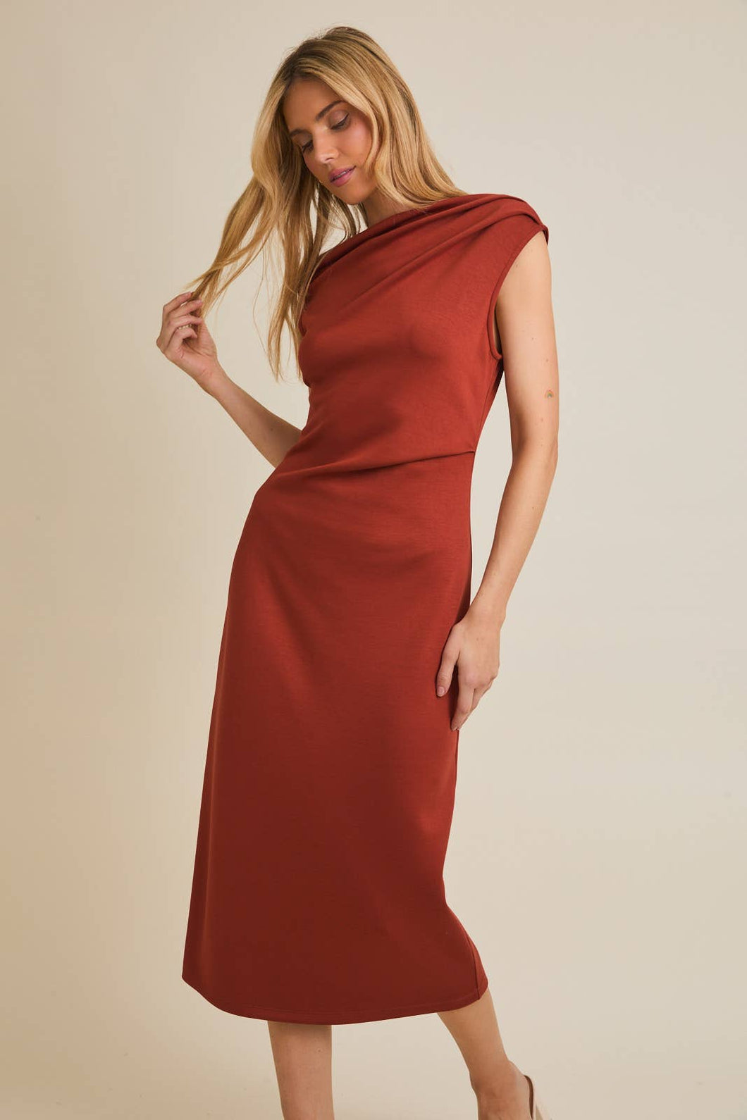 RUST ONE SHOULDER SLEEVELESS MIDI DRESS