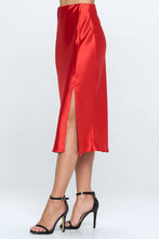 Load image into Gallery viewer, Red Solid Satin Midi Skirt with Slit
