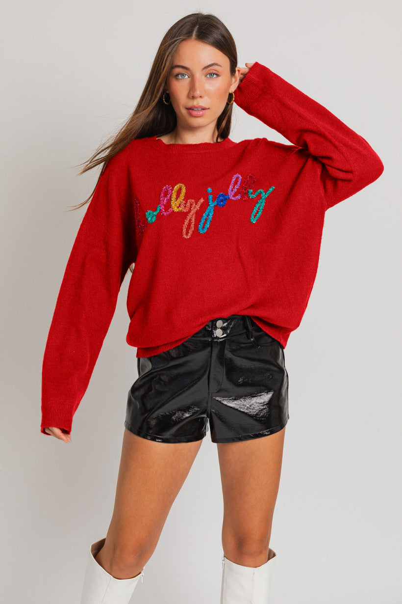 Red Rainbow Holly Jolly Tinsel Sweater