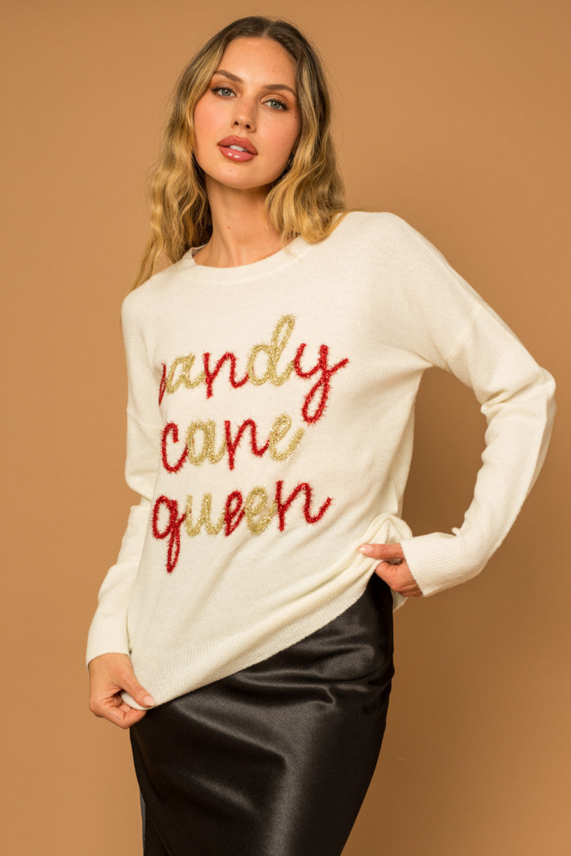 Cream Candy Cane Queen Tinsel Sweater