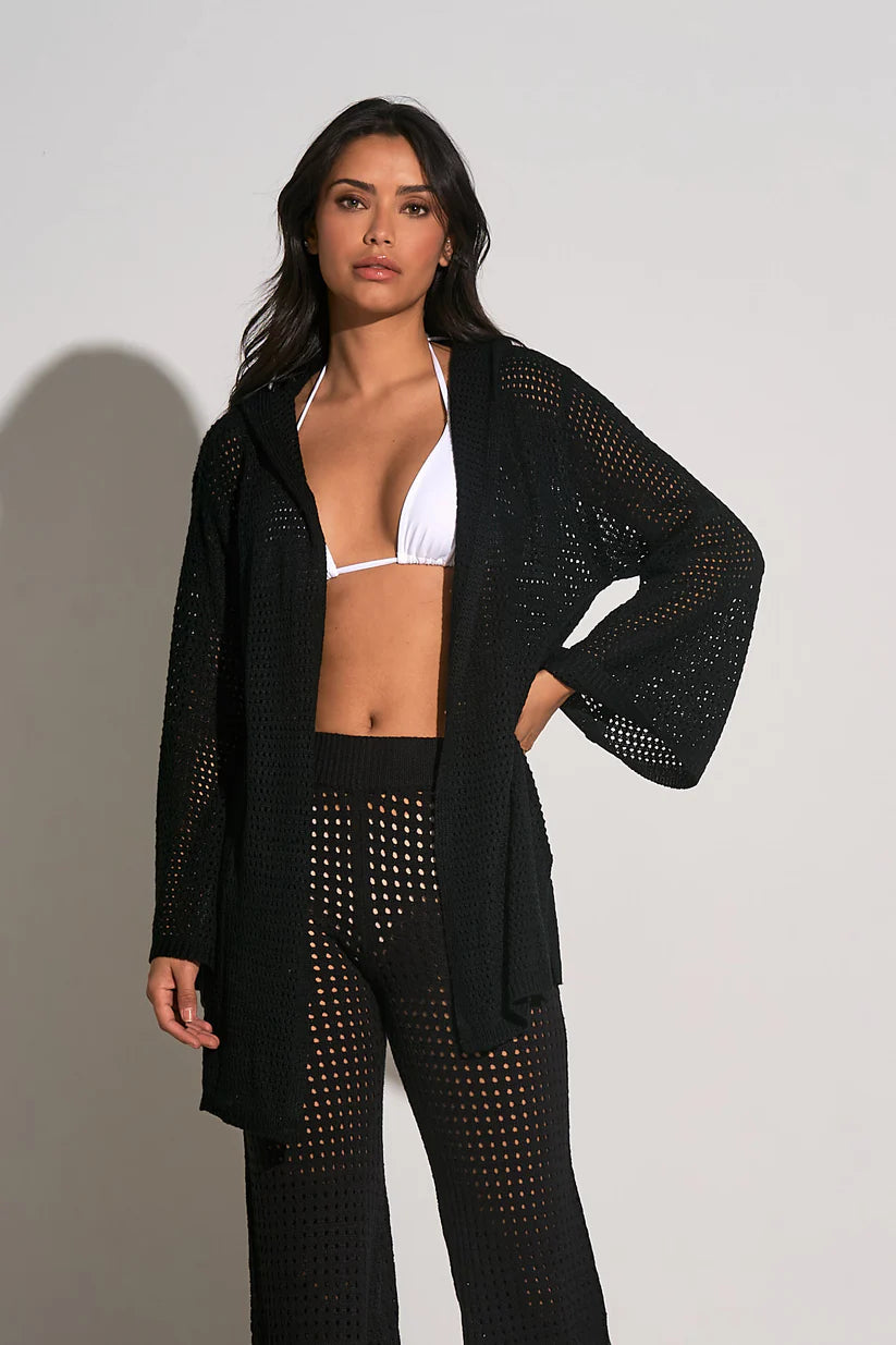 Elan Black Crochet Hooded Cardigan